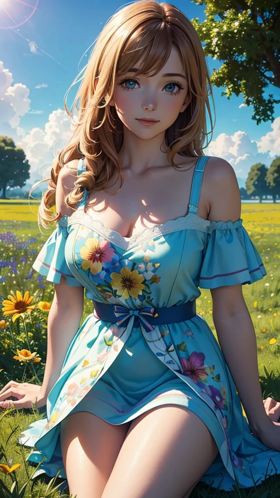 a lush meadow filled with colorful wildflowers, a clear blue sky with fluffy clouds, a majestic tree, bright and cheerful color temperature, cosmos lighting with twinkling stars, whimsical and joyful atmosphere, (best quality,4k,8k,highres,masterpiece:1.2),ultra-detailed,(realistic,photorealistic,photo-realistic:1.37),3D,pixar,toy story,anime,vibrant colors,vivid,dramatic lighting