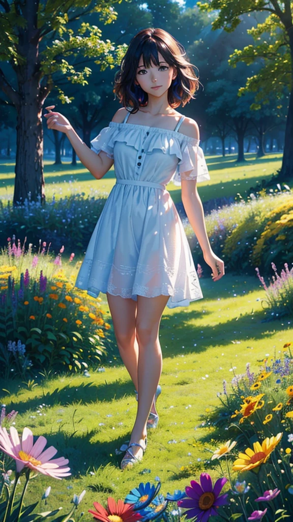 a lush meadow filled with colorful wildflowers, a clear blue sky with fluffy clouds, a majestic tree, bright and cheerful color temperature, cosmos lighting with twinkling stars, whimsical and joyful atmosphere, (best quality,4k,8k,highres,masterpiece:1.2),ultra-detailed,(realistic,photorealistic,photo-realistic:1.37),3D,pixar,toy story,anime,vibrant colors,vivid,dramatic lighting