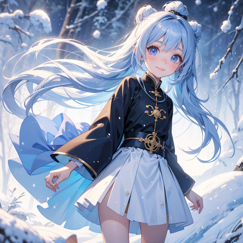 A chibi child girl had a small face and Wearing blue little Taoist priest's outfit. A pair of big round eyes shone with curiosity about him. This child was so cute, Amidst the white snowy atmosphere, the snow is falling lightly, the trees are covered with white snow.


her hair is black with two buns on her hair.small chibi, chibi baby, smiling ,Chibi.

