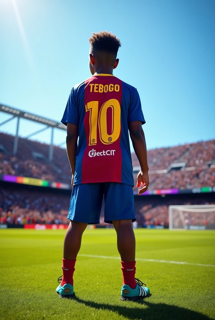 Letsile Tebogo wearing Barcelona Messi shirt