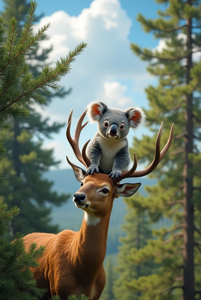 A koala stands on its hands on the back of a deer on top of a pine tree in the forest