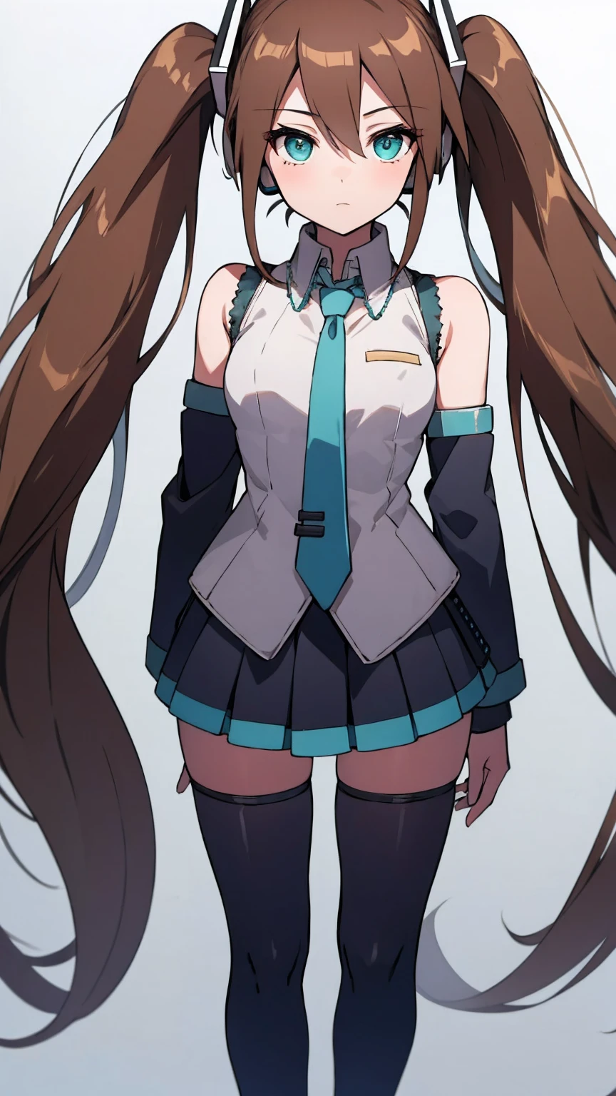 Aile_Megmanzx , 1girl, Simple background, Long hair, Green eyes, Brown hair, Hatsune Miku Cosplay