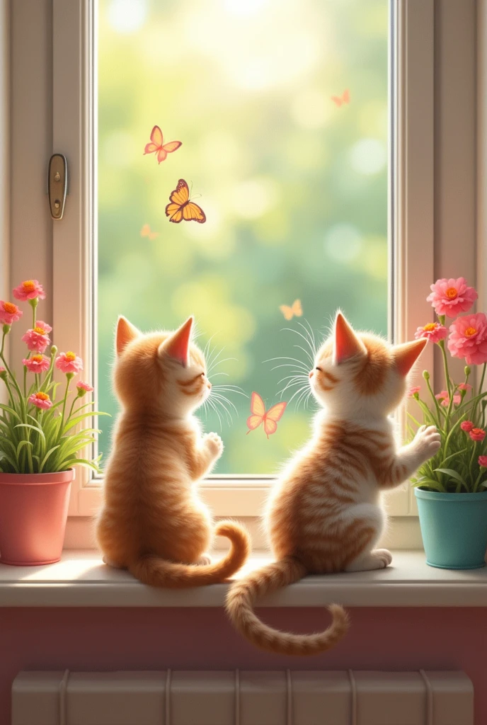 Two kittens are looking outside from the window. Cute room, heart-shaped tail.