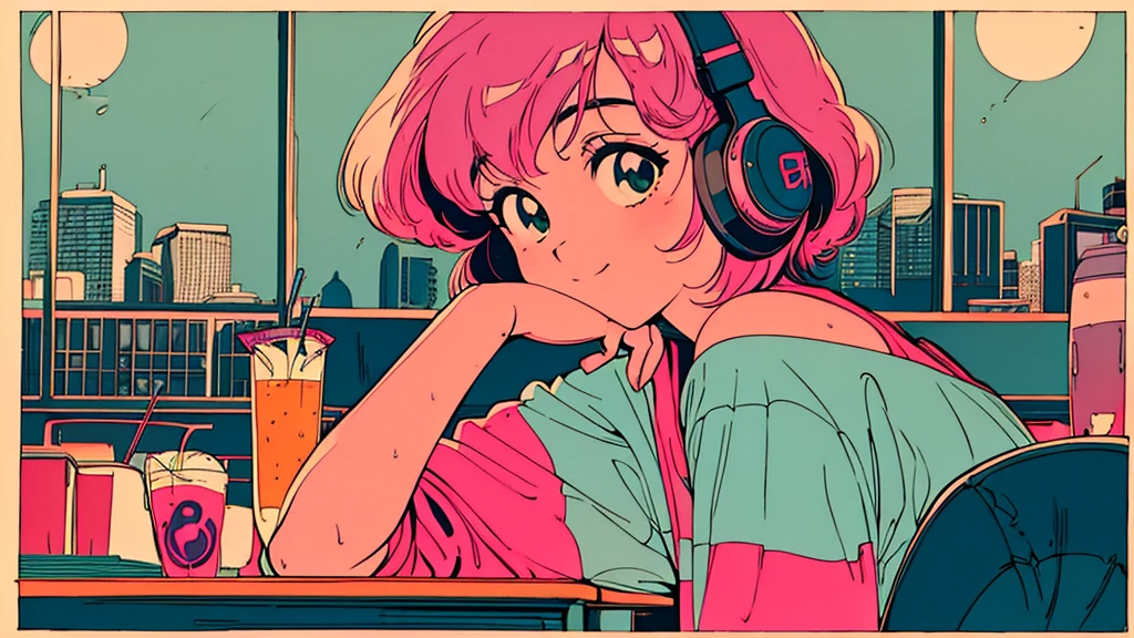 masterpiece, City Pop Style, Pink Hair, fluffy bob cut, Wear headphones, Shoulder length, alone, Futuristic, still, praise, Retro, Vintage, Ghost, A light smile, 
Drinking cocktails at a jazz bar, (( Wide Shot)), ((Wet day))、Looking at the textbooks spread out on the desk,、The laptop is on the desk