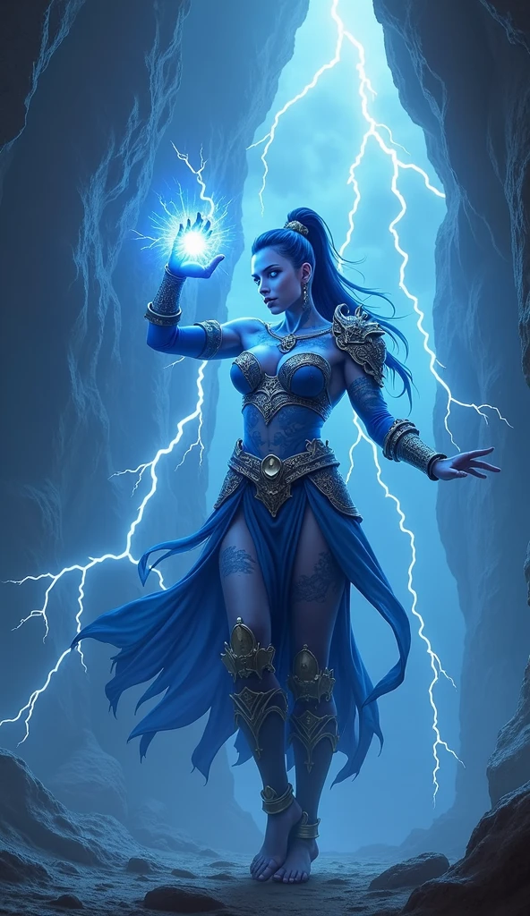 Aletta Ocean, angry evil beautiful and muscular, Nordic female, towering storm Giantess with blue black hair in a ponytail, older and mature woman, throwing a lightning ball, celtic glowing tattoos, wearing nordic steel runic plate mail Armour , temple cave background with lightning storm, glowing blue eyes, square jaw, powerful and imposing, winter clothing, pale blue purple skin, ((full plate celtic dragon armour)), nordic tattoos with bodybuilder physique 