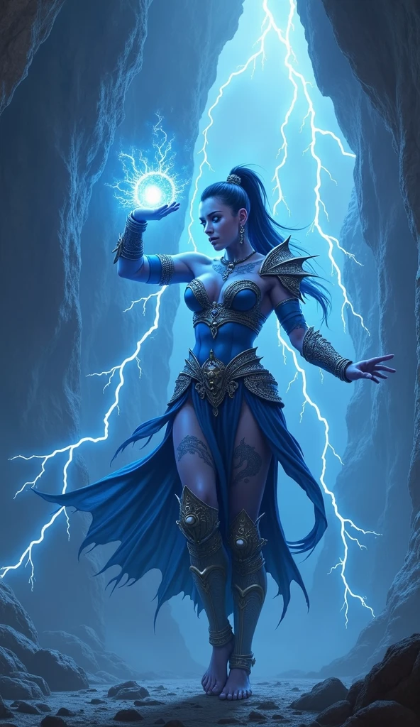 Aletta Ocean, angry evil beautiful and muscular, Nordic female, towering storm Giantess with blue black hair in a ponytail, older and mature woman, throwing a lightning ball, celtic glowing tattoos, wearing nordic steel runic plate mail Armour , temple cave background with lightning storm, glowing blue eyes, square jaw, powerful and imposing, winter clothing, pale blue purple skin, ((full plate celtic dragon armour)), nordic tattoos with bodybuilder physique
