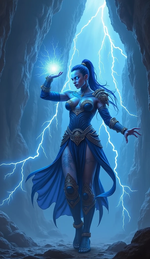 Aletta Ocean, angry evil beautiful and muscular, Nordic female, towering storm Giantess with blue black hair in a ponytail, older and mature woman, throwing a lightning ball, celtic glowing tattoos, wearing nordic steel runic plate mail Armour , temple cave background with lightning storm, glowing blue eyes, square jaw, powerful and imposing, winter clothing, pale blue purple skin, ((full plate celtic dragon armour)), nordic tattoos with bodybuilder physique