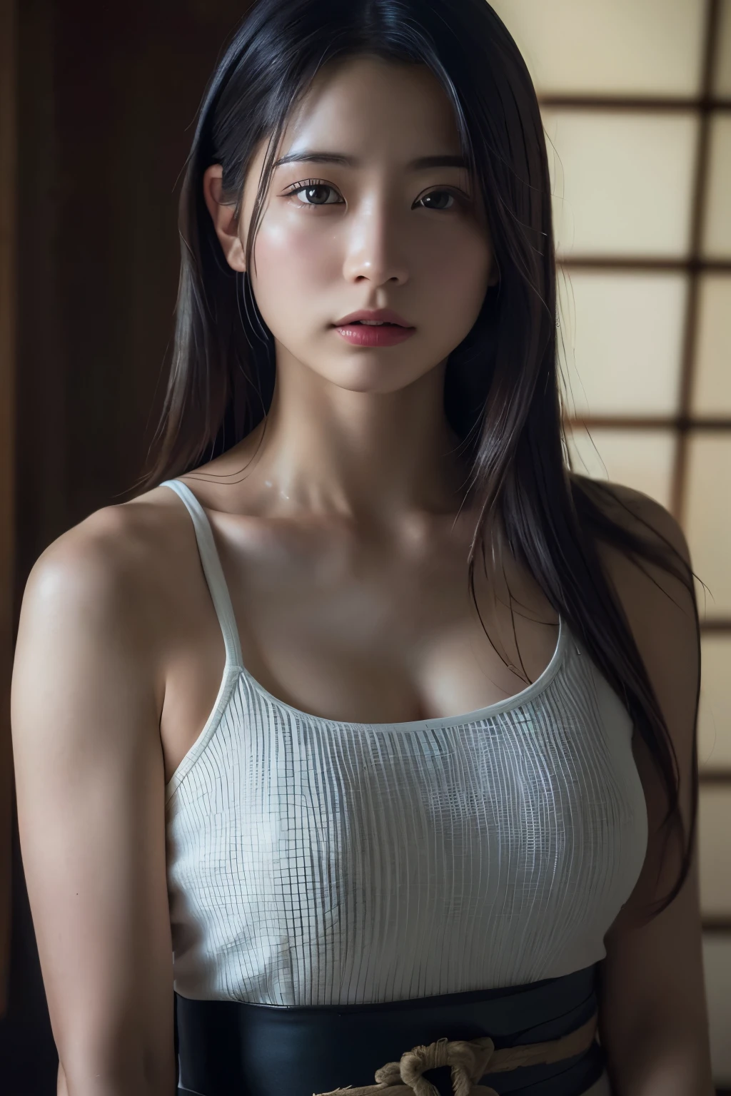(best quality:1.4),(masterpiece:1.4),(photorealistic:1.4),(Realistic:1.2),(ultra high res, raw photo:1.4),(hdr, hyperdetailed:1.2),(8K:1.2),cinematic photo,photo of black hair,1girl,solo,wearing ,((Japanese Female Warrior))、((Upper Body:1.3))
