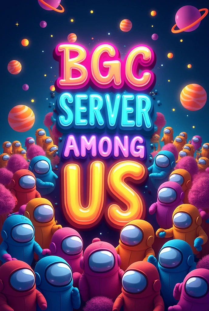 Create an among us theme poster where there will be so many among us characters
And at the center there will be a text that says "join our server BGC with your friends and play among us and have fun "