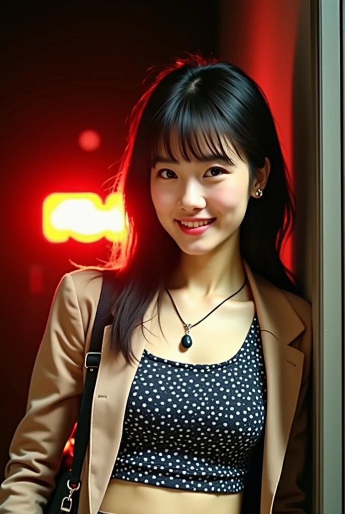 (Best Quality, 8K:1.1),(Slim Beauty:1.4),(C Cup:1.3,Beautiful:1.2),High School Student, Blazer,Dress Shirts,Black Tight Skirt,(Necklace:0.4),Handbag,Light Makeup,Round Nose,Super Thin Face,Drooping Eyes,Double Eyelids,(Bangs + Smile:1.2),Perfect Tooth Alignment.