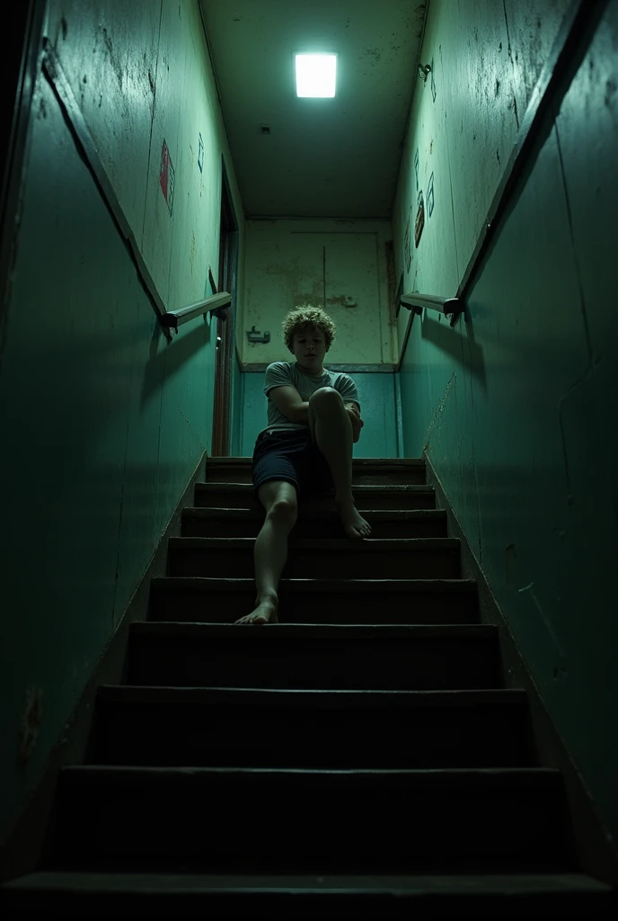 A dark set of stairs of a flat complex where a  boy fell down and broke his leg