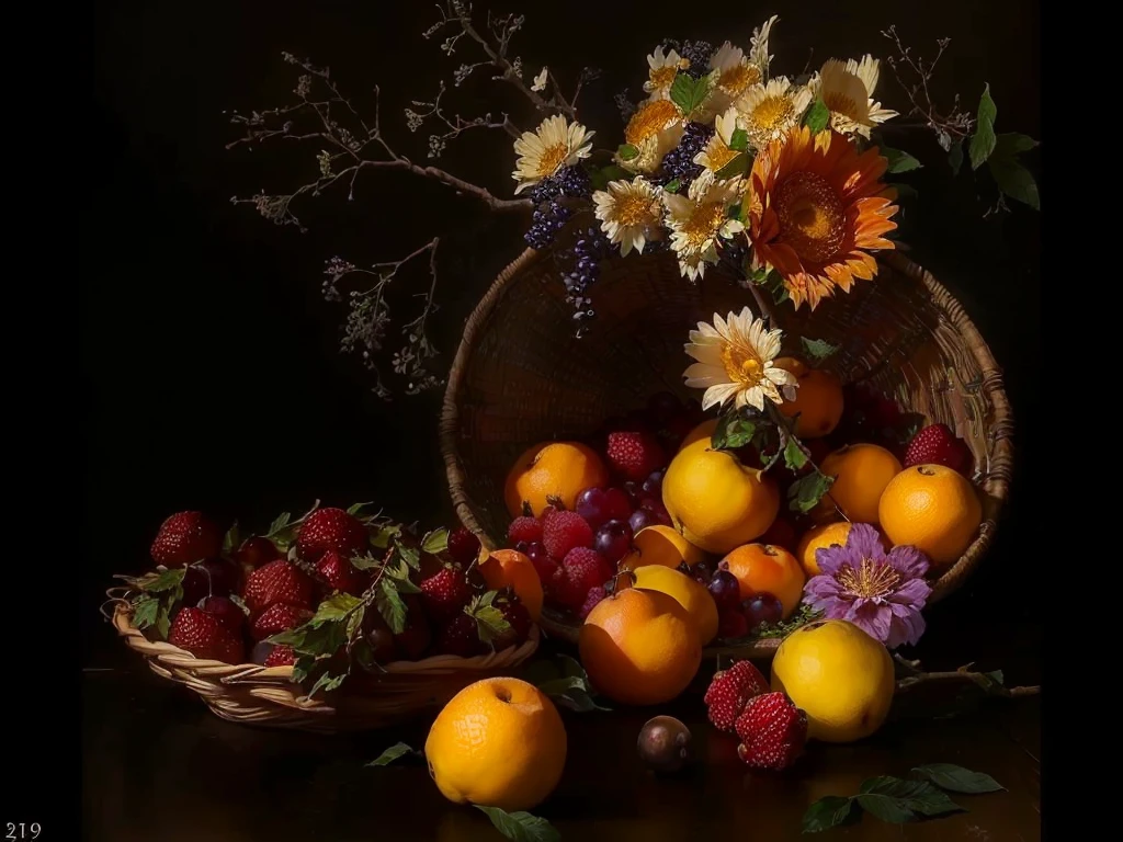 there are many fruit and flowers in a basket on a table, fruit和鲜花, 由鲜花和fruit制成, Still Life Photography, made of fruit和鲜花, author:Marie Bashkirtseff, author:Alexander Gerasimov, 一个fruit篮, fruit, inspired by Cornelis de Heem, 专业fruit摄影, fruit in a basket, Still life