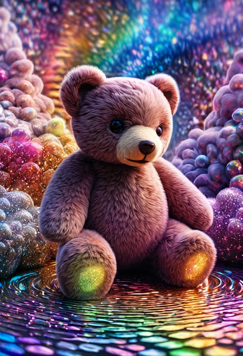 teddy bear, fantasy world, glitter effects, conceptual installation art, (ultra detailed, absolutely resolution, best quality:1.3), 2.5D, delicate and dynamic, iridescent effects, artistic, hyper, graphic CG digital art