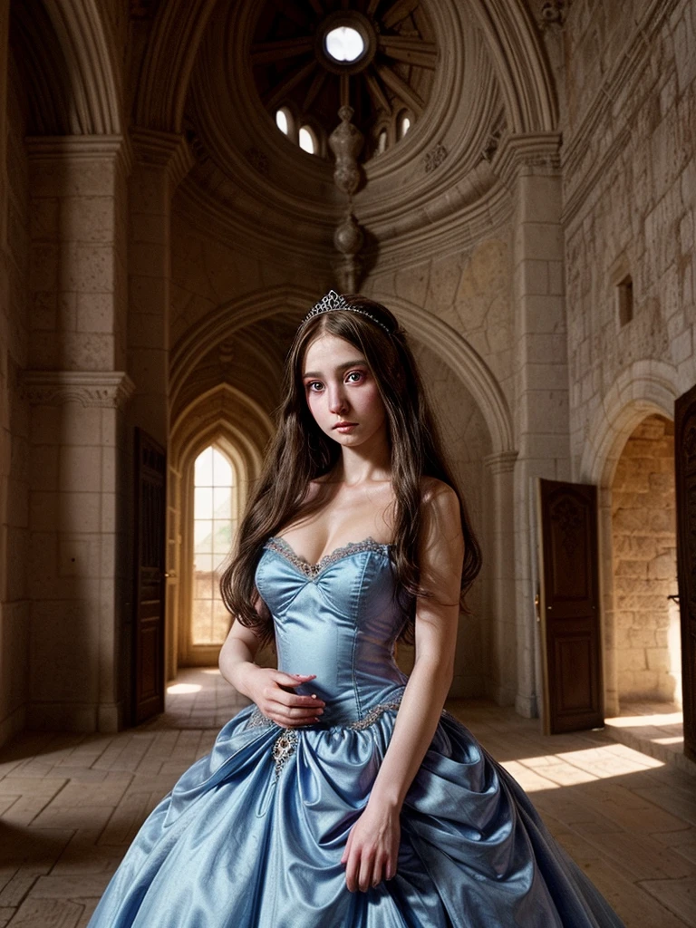 Most beautiful brunette anime baroque princess with amethyst eyes wearing a light blue ball gown, inside a medieval castle