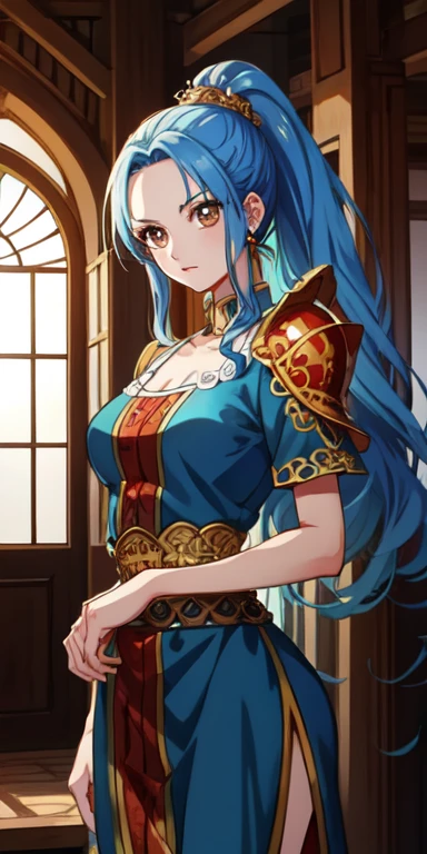 Art style illustration (Wano Style),one piece,eiichiro oda,toei animation,((masterpiece)),(Highest quality:1),(highly detailed:1),One person, NefertariViviV3,Blue Hair,Long Hair,ponytail,high ponytail,Dark brown eyes,Fair skin,detailed eyes,Beautiful Face, Standing pose,Cowboy Shot,Look to the side, [Paladin_Glam Armor|Moroccan Caftan],Shiny Armor,Jeweled Armor, Paladinの鎧, Sultan's Palace,Glamorous background,Arabian Background,Oriental Palace Background,Arabian Palace Room,very detailed background, Highest quality, masterpiece, employment, original, extremely detailed wallpaper, Perfect lighting,(extremely detailed CG:1.2),8k,複雑なdetailed,Trending on Art Station,Digital Art, detailed,8k,