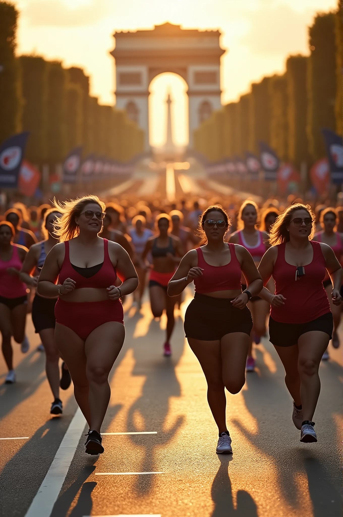 drone photography,professional camera angle,Olympic athlete,fat females Olympic marathon race,with a large breasts, big breasts!, thicc,alluring plus sized model, fat voluptuous body,fat women marathon race on Champs Elysées paris city