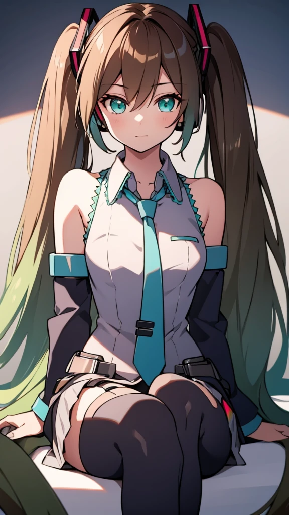 Aile_Megmanzx , 1girl, Simple background, Long hair,  Green eyes, Brown hair, Hatsune Miku Cosplay