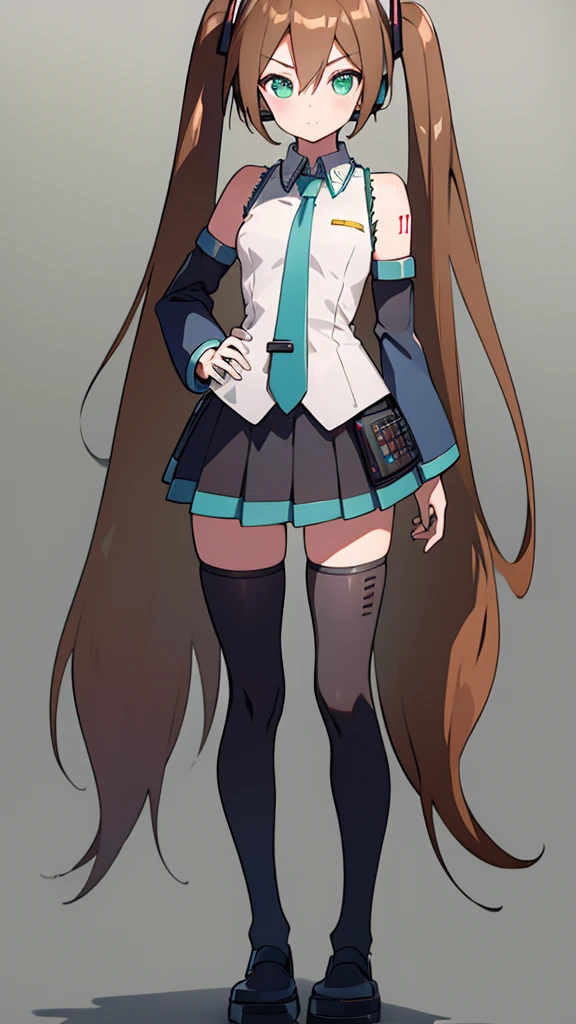 Aile_Megmanzx , 1girl, Simple background, Long hair, Green eyes, Brown hair, Hatsune Miku Cosplay
