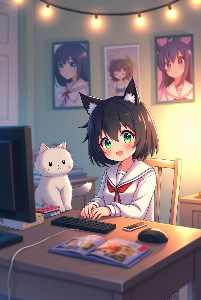 A cute black-haired anime girl sits in front of a computer desk with a white cat.