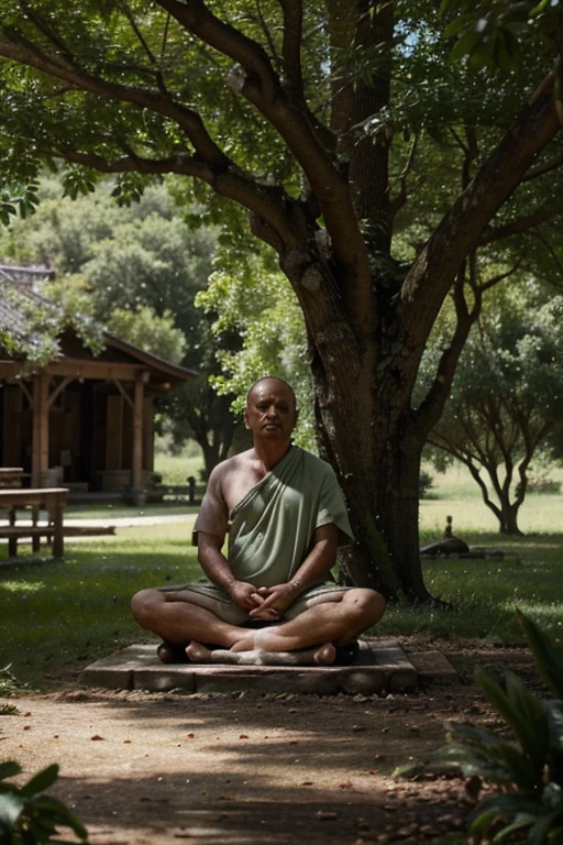 : An ancient philosopher meditating under a large tree in a tranquil forest, reflecting calm and inner peace.