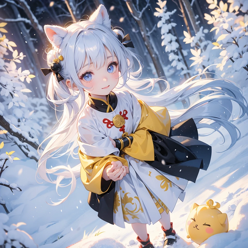 A chibi child girl had a small face and Wearing yellow little Taoist priest's outfit. A pair of big round eyes shone with curiosity about him. This child was so cute, Amidst the white snowy atmosphere, the snow is falling lightly, the trees are covered with white snow.
her hair is black with two buns on her hair.small chibi, chibi baby, smiling ,Chibi.