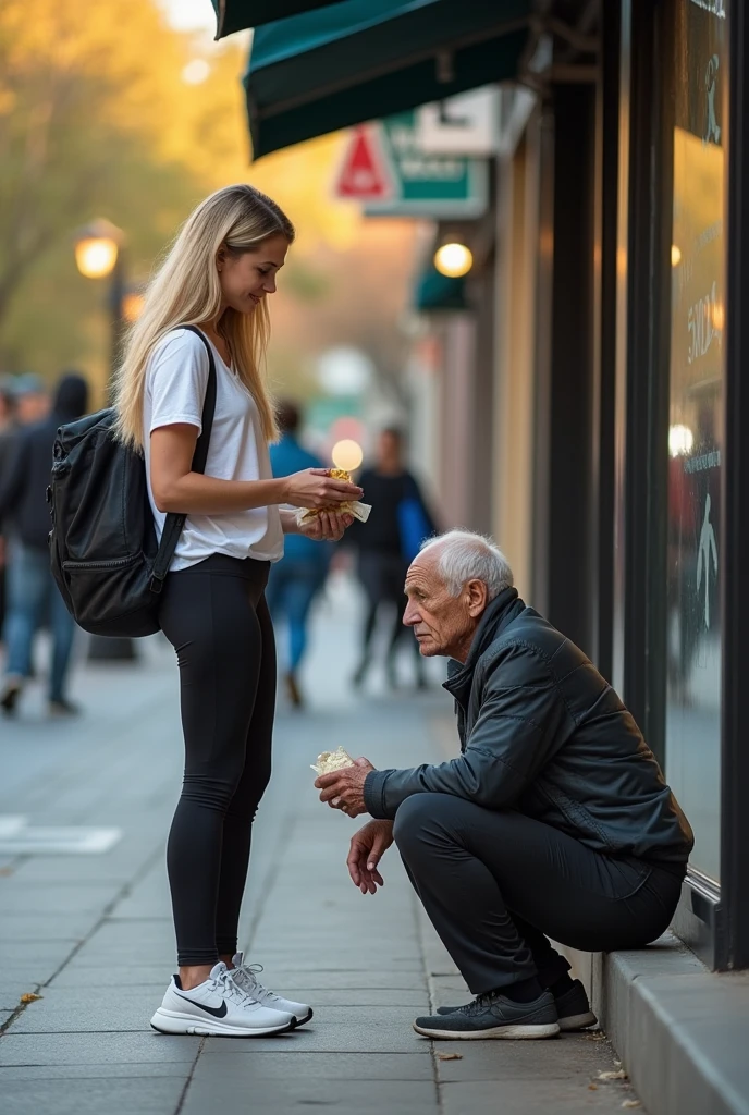 Create a realistic image of a 20 year old woman, Long blond hair, Blue eyes, cheekbones, ((full body)) dressed in black leggings, white t-shirt, white and black sports shoes of the brand (Nike ), gives food to a homeless man who is begging, background image of a store, head to toe, full body