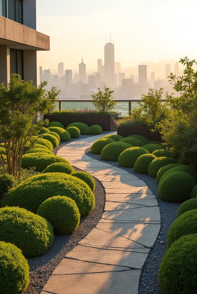 Rooftop garden, curved pathway, no trees, no pavilion, no seating, gravel edging.