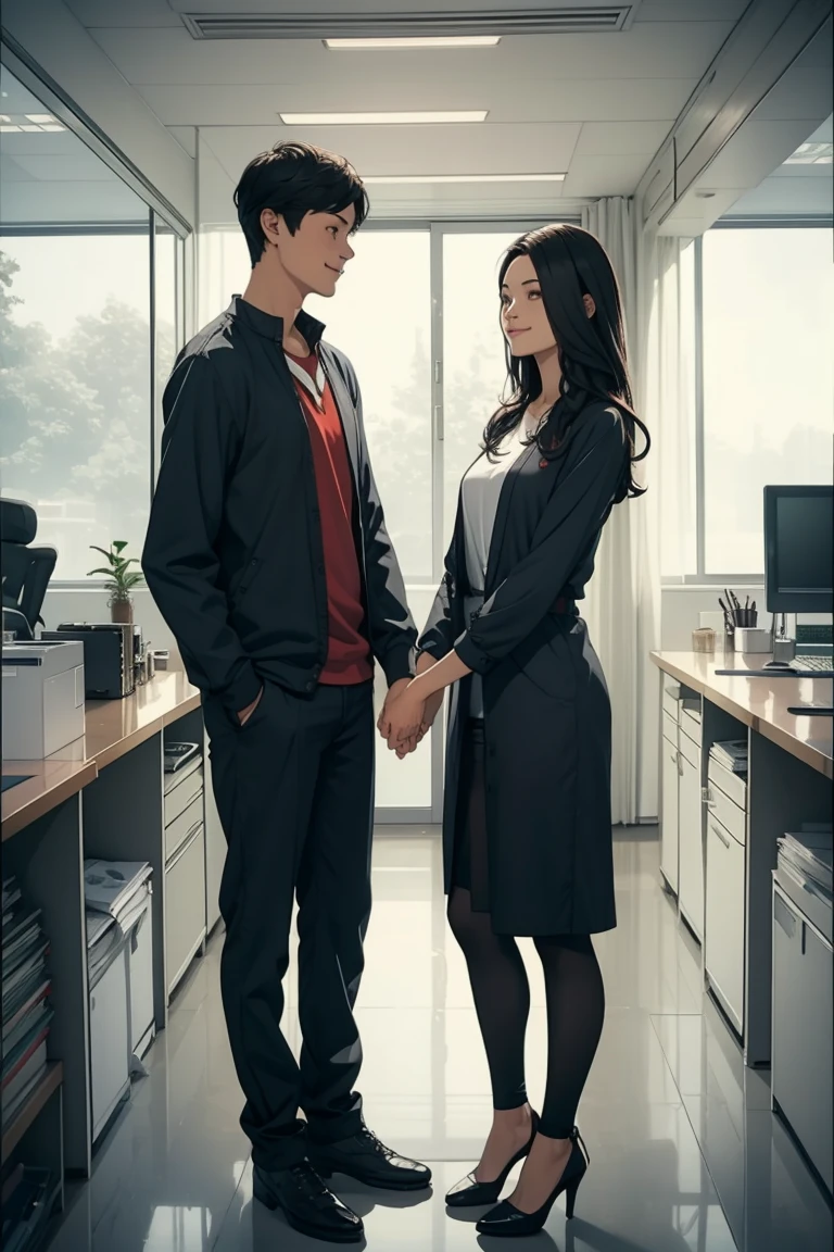 1 girl and 1 man, standing inside office, holding hands together, talking to each other, smile, eyes to eyes, fullbody shot,