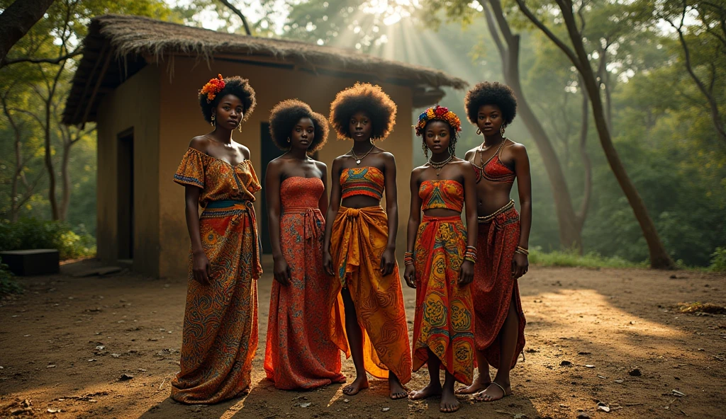 five beautiful South African models, 20 years old, big breasts, (1.2 bust) abandoned hut in the forest, African costumes, African hairstyles, vibrant colors, high resolution, realistic lighting, African patterns, natural environment, earth tones, graceful posture, curly hair, braids, simple jewelry, sunlight shining through, gentle shadows, traditional fabrics, ethnic diversity, tribal elements, sunlight-filled road, natural beauty, peaceful background