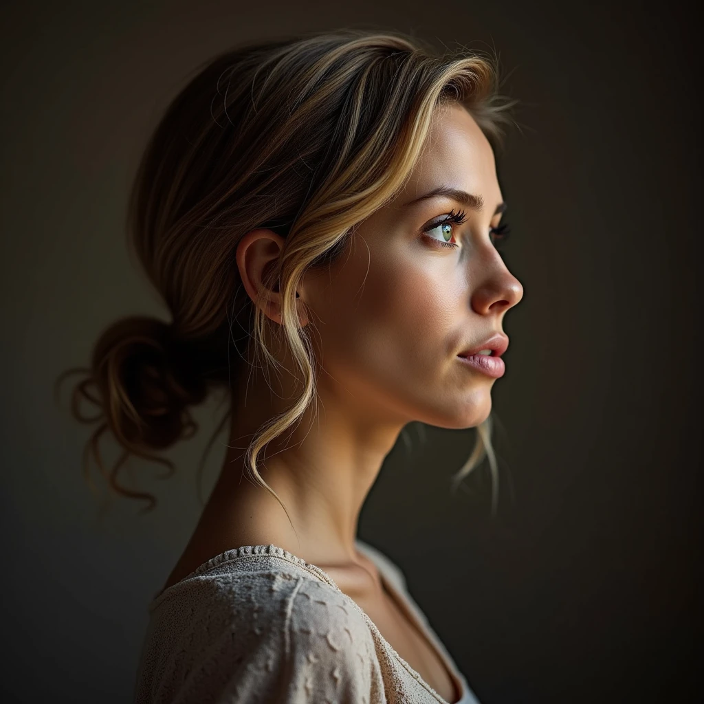 The side profile of a beautiful older sister who looks intelligent