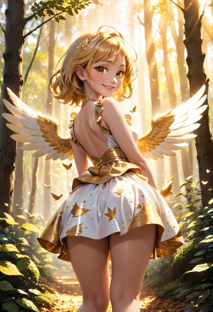 It looks like your fortune will go up、3D image of a golden angel。Skirt length is below the knee。Playing with the birds in the woods。Golden light pours down from the sky。Smiling mischievously。With your back turned、looking back towards the camera。Wings grow out of the back.。