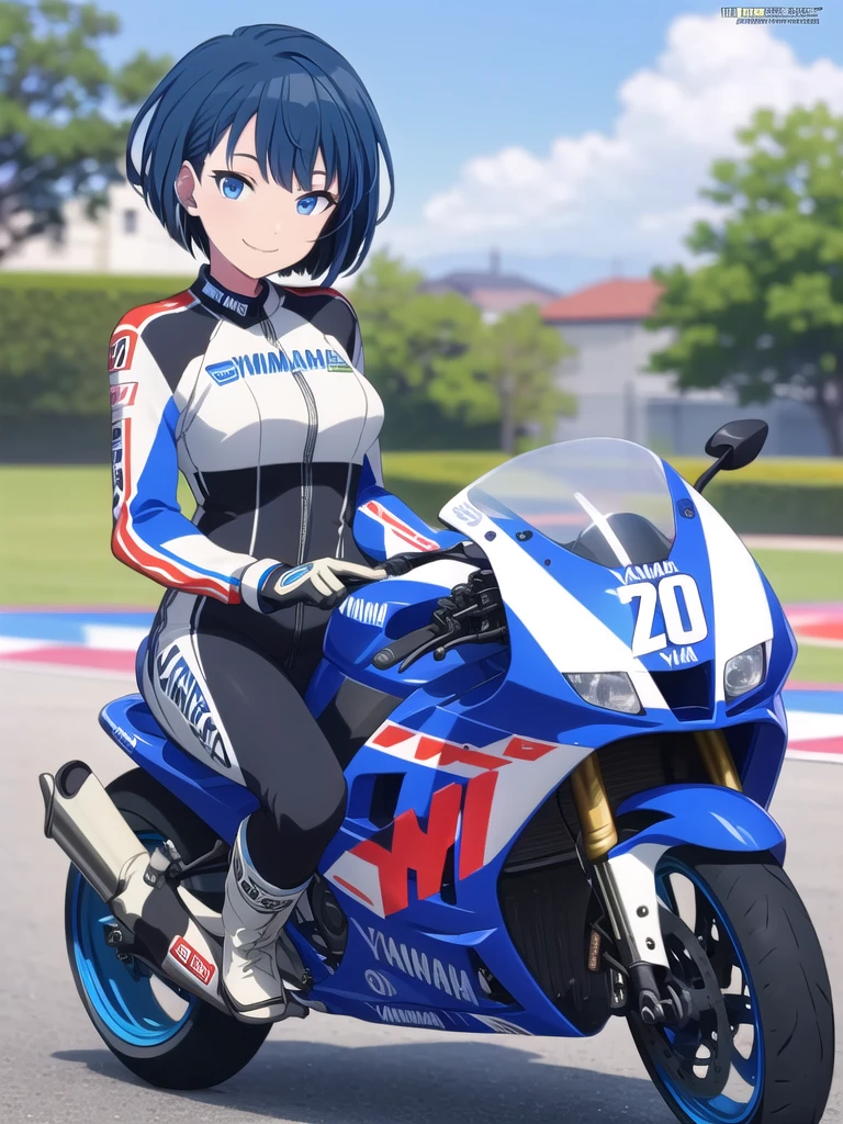 (Highest quality, 4K, 8k, High resolution, masterpiece:1.2), Very detailed, Picturesque, Anime-style photos, Photo Animation:1.37),Japanese,(Blue Hair),(Pixie Cut)(((Pixel Perfect, Perfect in every detail))), One personで, One person, Haruka Kiritani, MotoGP Gear, elbow, pad, boots, gloves, MotoGP helmet, Yamaha YZR-M1 Racing Bike, sitting on bike, View your viewers, smile,whole body,YAMAHA Racing Suit,riding a big bike