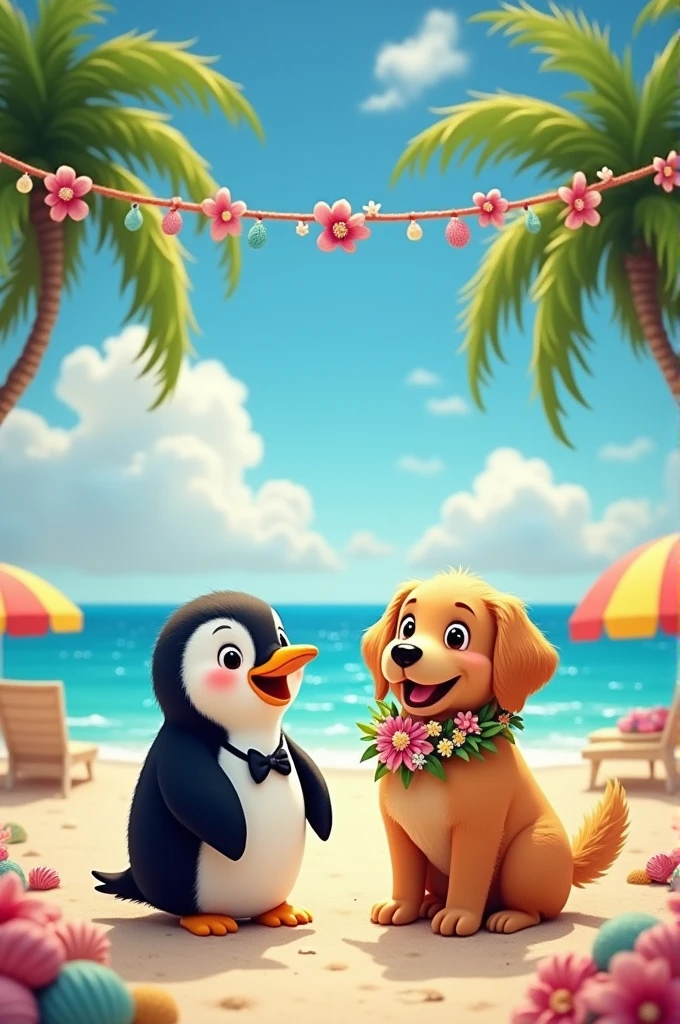 A penguin and a dog get married on the beach 