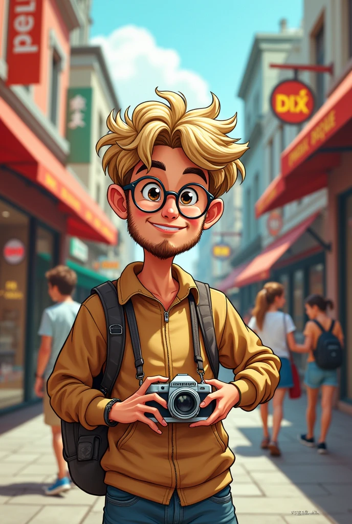 Young man, Age 25, Round glasses, Small beard, Dark blond hair, Oval face, Holding a camera, City street background, Cartoon style