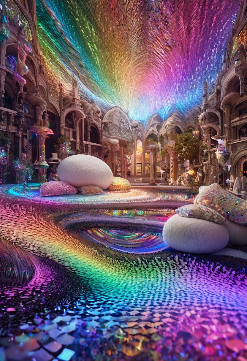 stuffed cow, fantasy world, glitter effects, conceptual installation art, (ultra detailed, absolutely resolution, best quality:1.3), 2.5D, delicate and dynamic, iridescent effects, artistic, hyper, graphic CG digital art