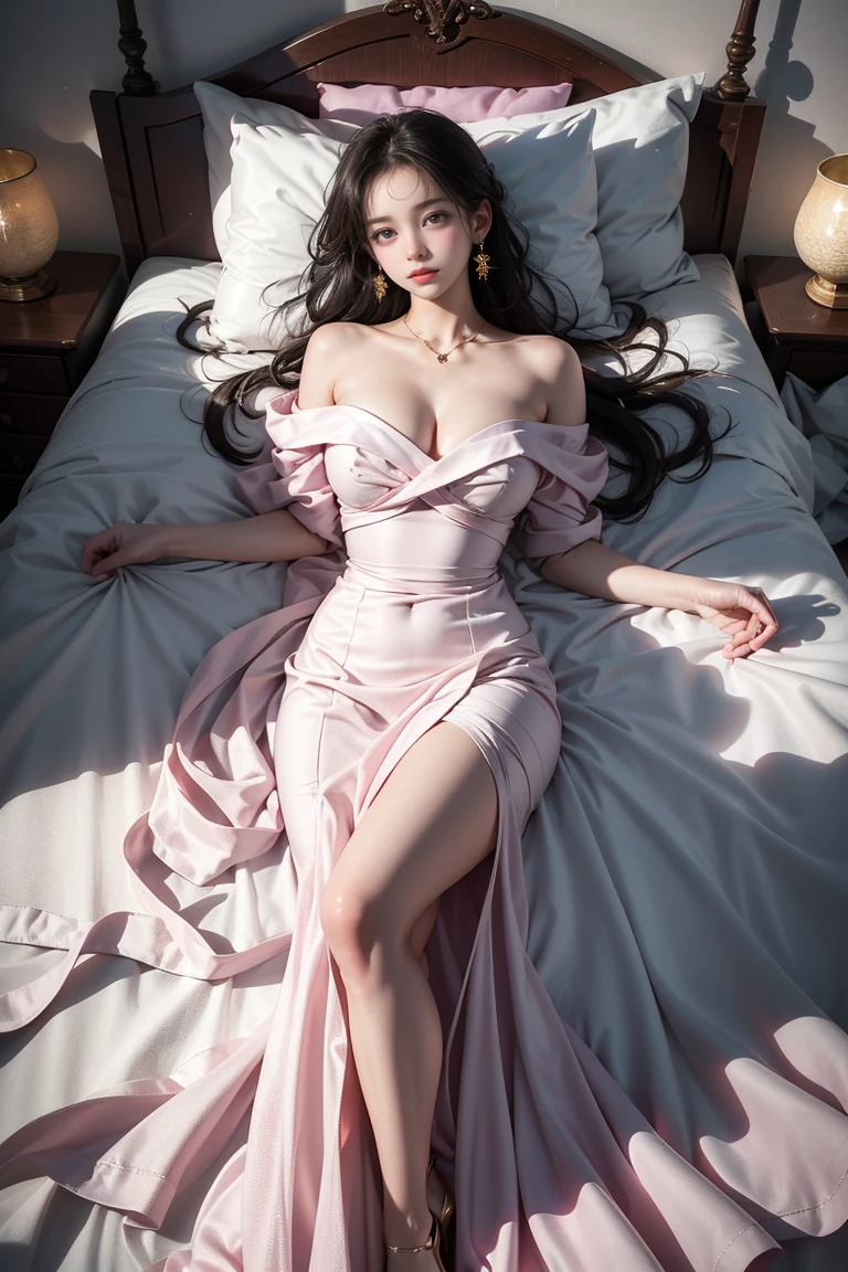 （(Girl lying in bed))、A beautiful and moving woman, in an elegant pose, her full breasts on display.，Visible cleavage，Sexy long legs，Her long hair cascades down her shoulders like a waterfall。She smiles radiantly，Eyes sparkle，Her skin is flawless。Her curves are highlighted。Sparkle in the light，The colors are soft，Perhaps in shades of light pink or lavender。She lay confidently，One hand on hip，Her posture is both graceful and strong。She wears elegant high heels，Goes well with her outfit。In the warm golden sun。The overall atmosphere of the image is tranquil and uplifting，Emphasizing natural beauty and elegance, Studio Lighting,Bright colors, Sweet maiden, sweet smile, make up，shy，Blush，Parted lips，Heavy breathing，moan，Surrealism，Realism，Movie Lighting，Relief，Sony FE GM，Retina，masterpiece，precise，Anatomically correct，Textured Skin，Super Detail，High Detail，best quality，rich and colorful