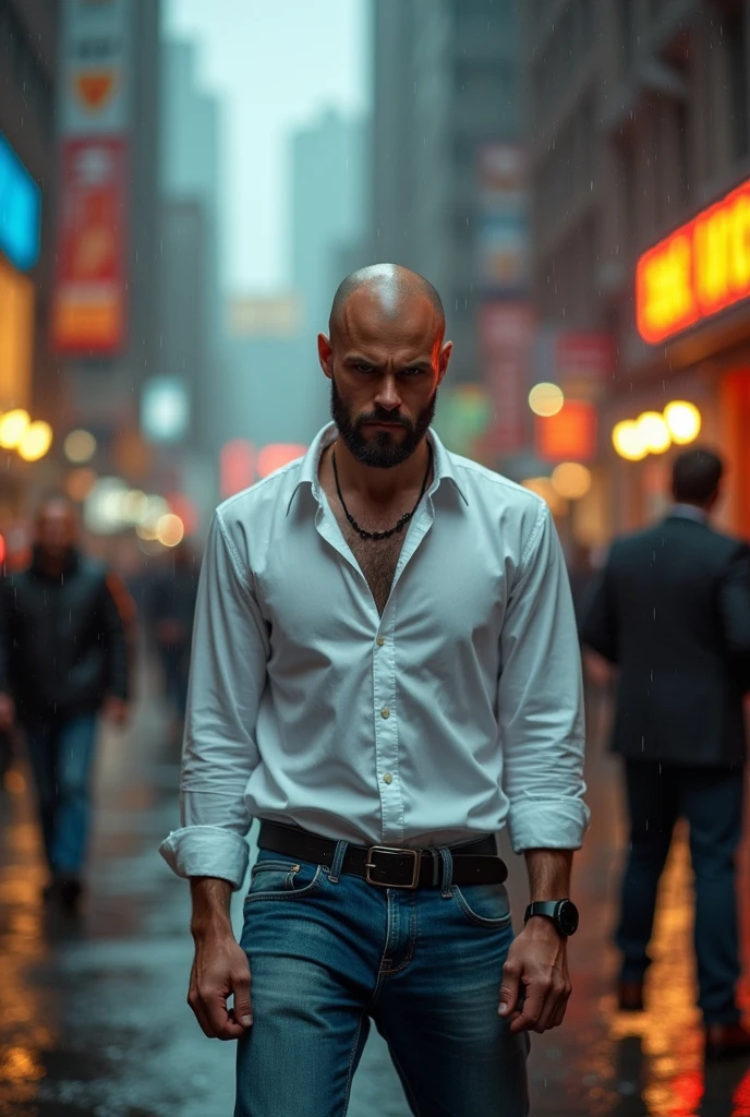 A thin, bald man in a white shirt and jeans, furious