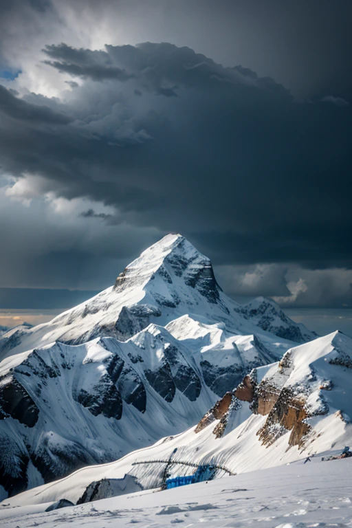 A grand mountain peak standing resilient against a dramatic, stormy sky, with clear skies at the summit representing inner strength and stability.