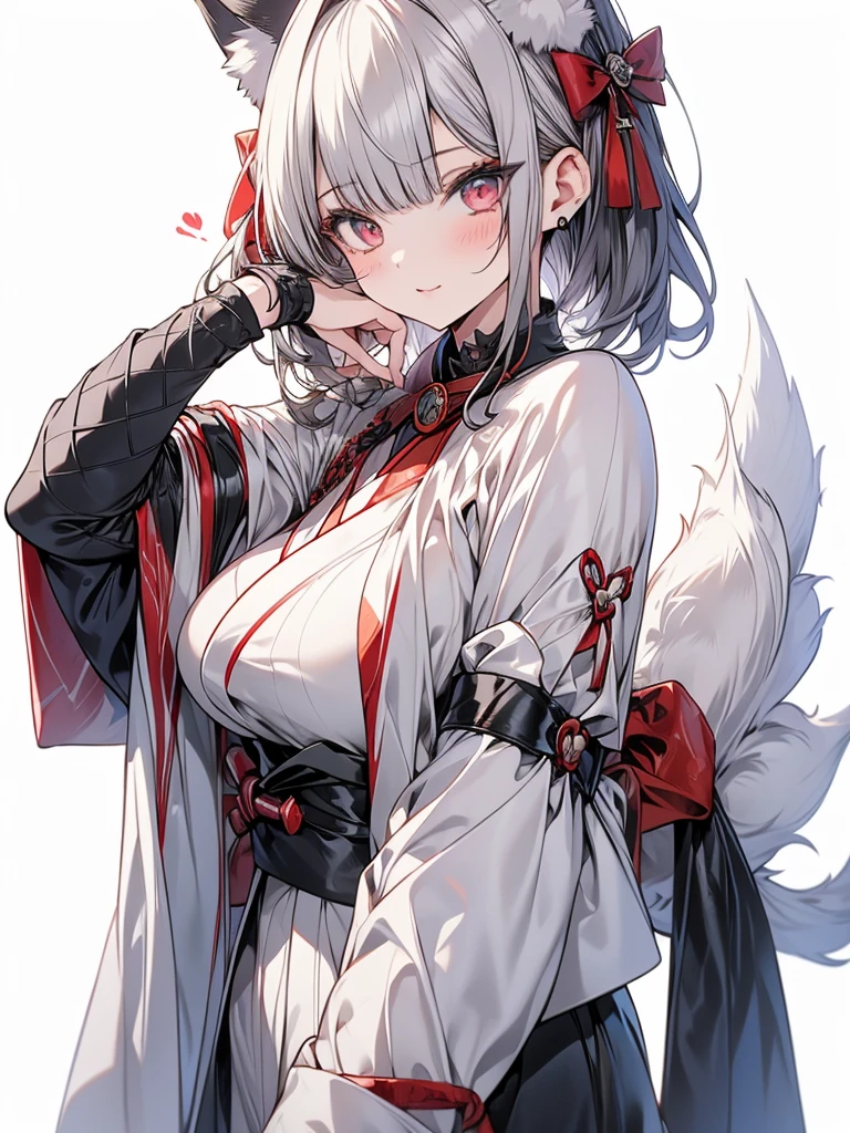 best quality, masterpiece, highres, solo, {kaga_azurlane:1.15}, animal_ears, fox_ears, white_hair, short_hair, red_eyes, tail, bangs, fox_tail, multiple_tails, breasts, fox_girl, large_breasts, makeup, animal_ear_fluff, 1girl, blunt_bangs, eyeliner, eyeshadow, fox_mask, fur_trim, japanese_clothes, kimono, looking_at_viewer, mask, mask_on_head, white_kimono, simple_background, white_background