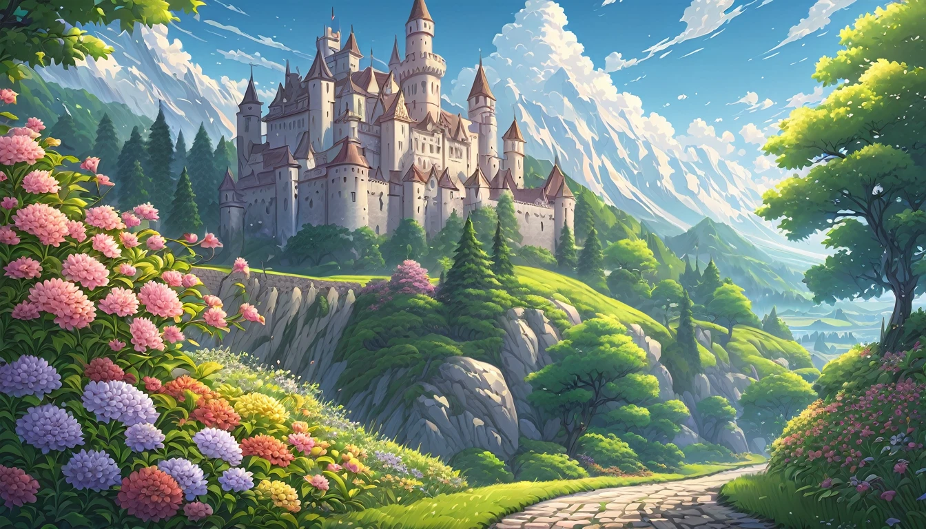 masterpiece, best quality, number, illustration, Anime style background, landscape, background, 低曝Light率, 4K resolution, Extreme details, Very detailed, Light, Trees, Comfort, castle, stone road, flowers, bush