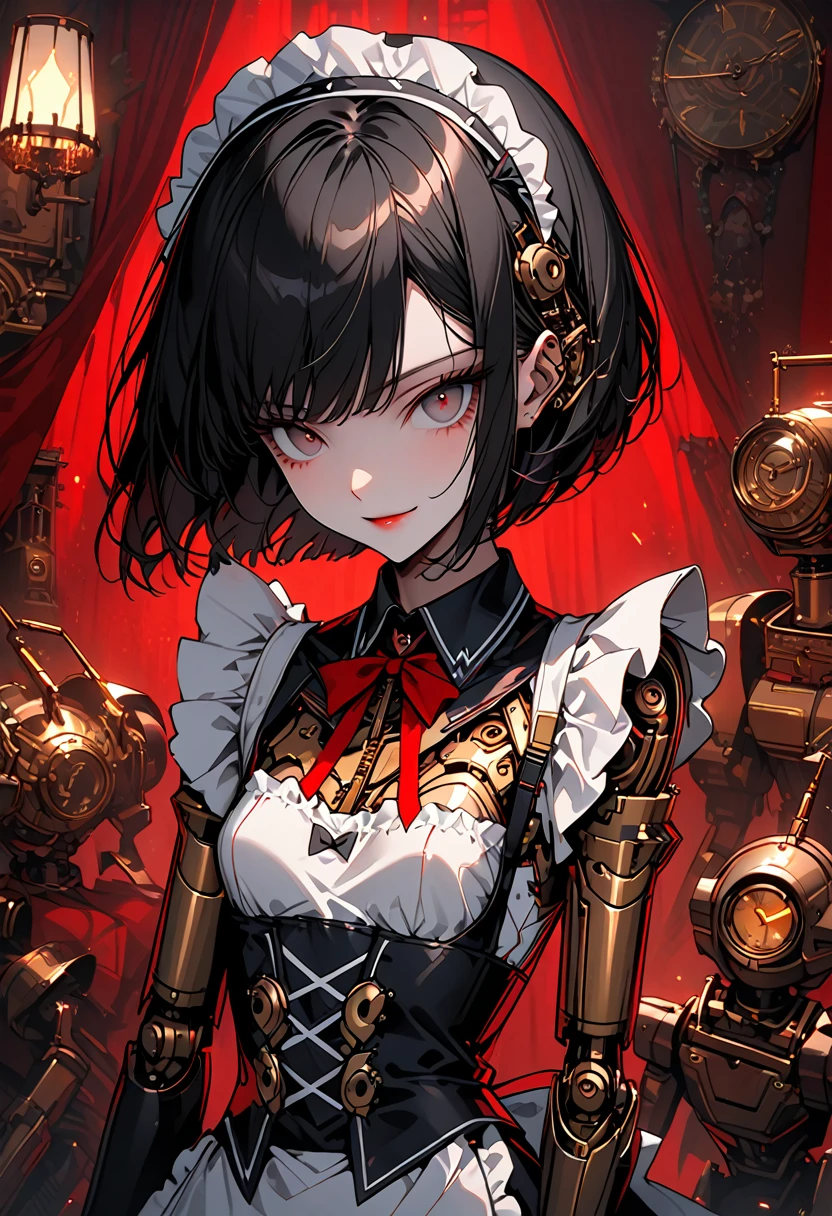 solo, female, close up, slender, small breasts, bob cut hair, clockwork robot maid, elegant, mansion, maid pose, gentle smile, maid uniform, robot joints, black hair, lamp, warm, red curtain, professional, thin waist, feminine, seams, barcodes, maid headdress, robots seams, adult, made of brass and steel,