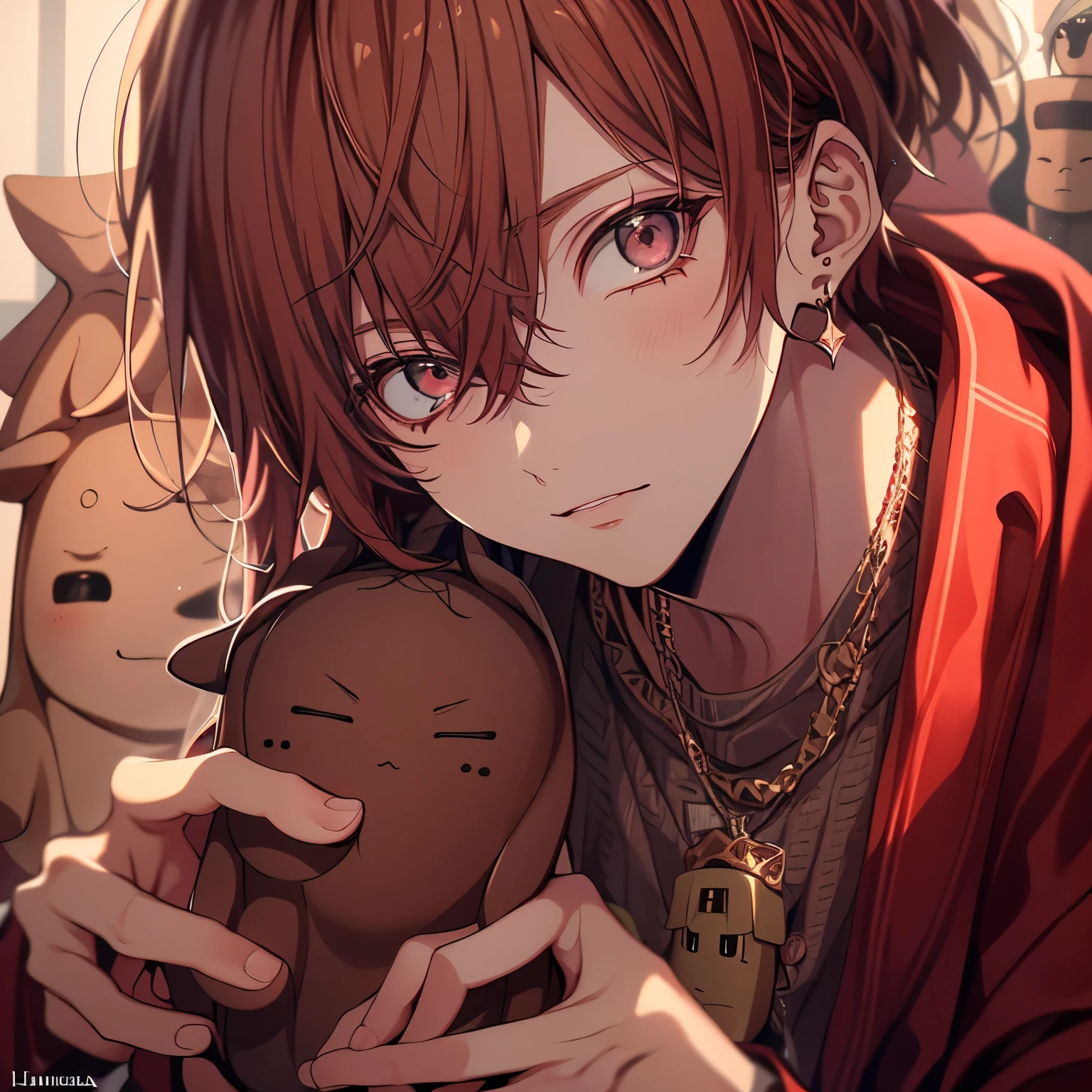 (masterpiece), Highest quality, Ultra-high resolution,male、1 person、Reddish brown hair、Short Hair、Reddish brown eyes、Burgundy clothes、(Haniwa:1.5)、(soil器:1.3)、soil、dig up