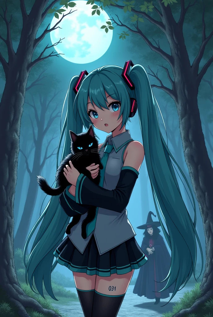 Manga art, manga style, detailed drawing, forest background, high definition, high quality, one girl, solo, Hatsune Miku, aqua hair, twin tails, headphones, small number tattoo "01" (black, located on her right hand), gray sleeveless collared shirt, black detached sleeves with grey lines, five fingers with gray nails, aqua necktie, black pleated mini skirt with gray lines, zettai ryouiki, thigh-high black boots with gray lines.
Get example from this image: https://vocaloidespanol.fandom.com/es/wiki/Hatsune_Miku?file=Hatsune_Miku.png
Miku Hatsune hugging a black cat in the night; there is witch woman following her behind