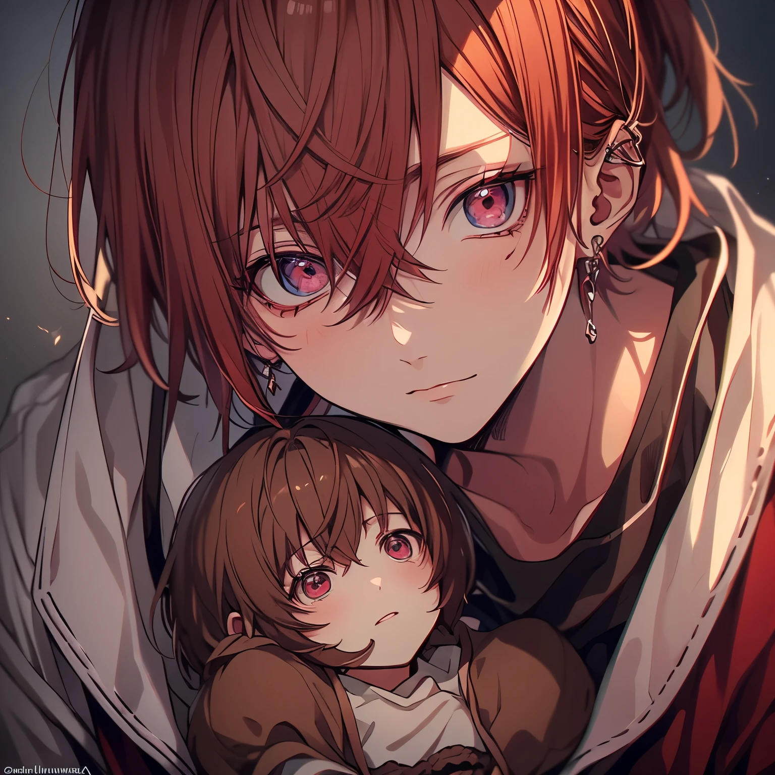 (masterpiece), Highest quality, Ultra-high resolution,male、1 person、Reddish brown hair、Short Hair、Reddish brown eyes、Burgundy clothes、(Haniwa:1.5)、(soil器:1.3)、soil、dig up、Creepy