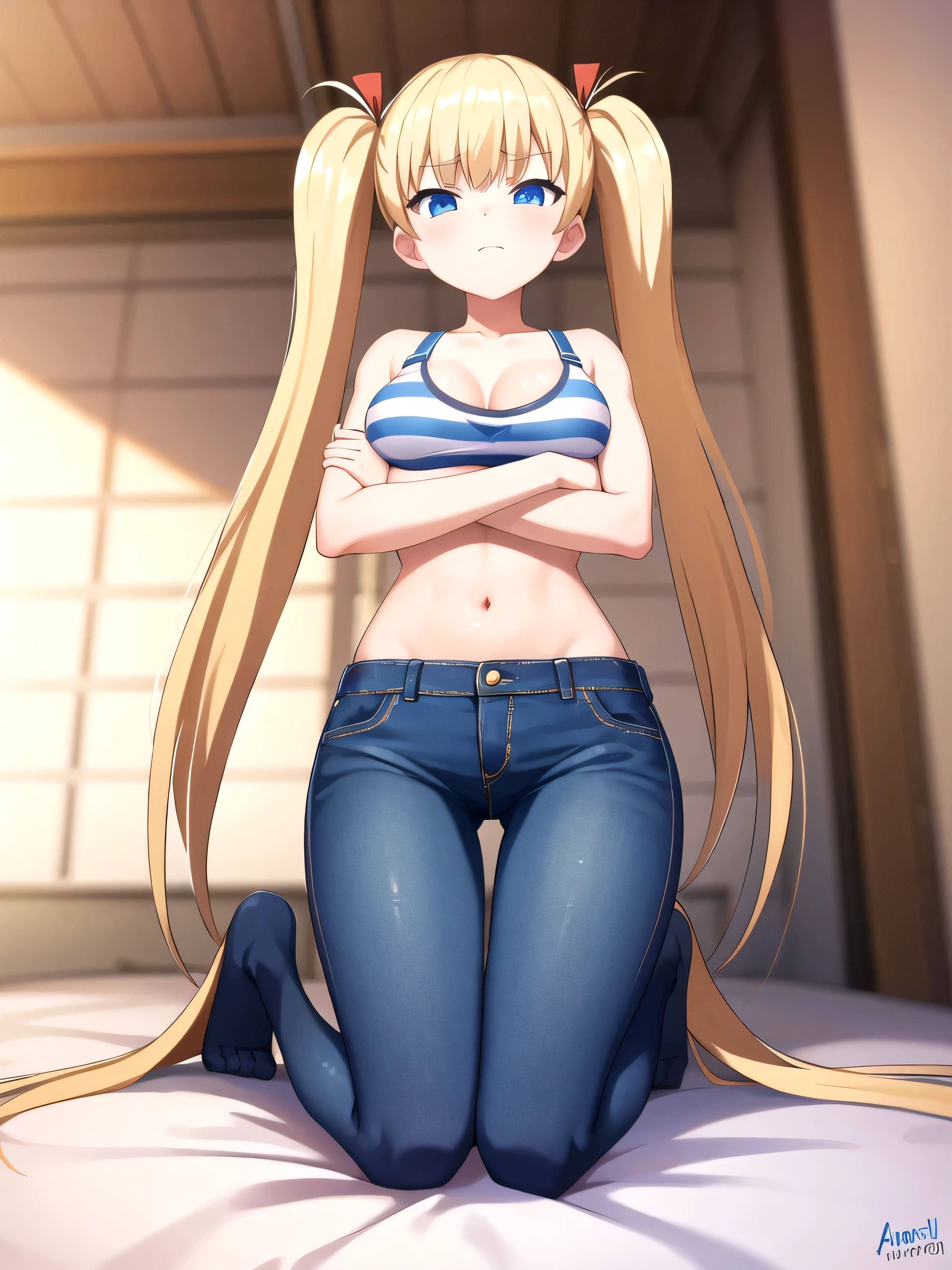 (masterpiece, Best Quality:1.2), absurdities, perfect anatomy, owtech, stylized, 1 girl, full body, looking at the viewer, blunt bangs, ( Denim shorts:1.1), Focus only, Soft lighting, (blue eyes), blonde hair, very long hair, twintails, Airi Akizuki, medium breast, striped tights, she is kneeling, no bra, areola, He is covering his chest with his own arms, no bra, 