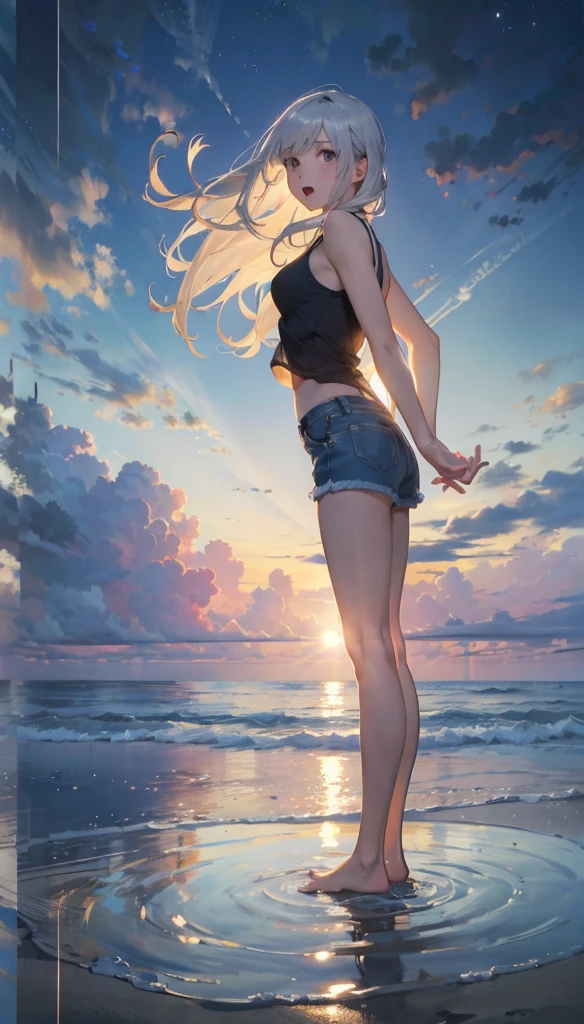 cloud，roller，Sunset sun，daughter，Long white hair，enjoy，Open your mouth，lol，Dynamic Hair，masterpiece，high quality，Written boundary depth，Storytelling Images，
One person　whole body　beautiful girl　Tank top　Denim shorts

(close:1.4)、(RAW Photos:1.2)、(Realistic:1.4)、(masterpiece:1.3)、(最high quality:1.4)、、(Night view:1.2)、cute、Step into the sea、Standing on tiptoes、landscape、Between the horizon and the sea、Side view、Ripples spreading from the toes、Standing about 20 meters away、On the Sea、The whole scene is shining&#39;S、illumination、