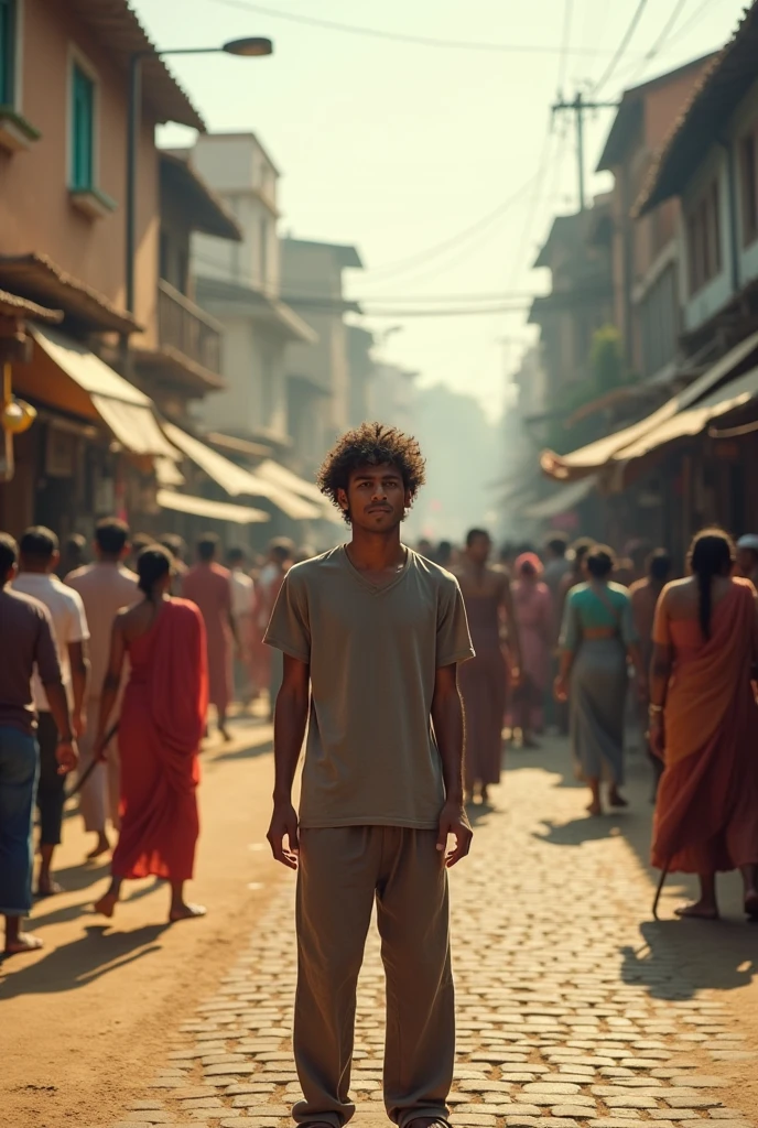 In indian market, had joind by four street, some young man standing, on middle in road, All road is jaam, people standing on the road, with stick in hand, stick mobile phone, to captchuring , middle on road, wearing loose - top, pajama pants, normal hair , outdoors, soft lighting, house in background, mahakaal with sunlight, realistic, intricate details, warm colors