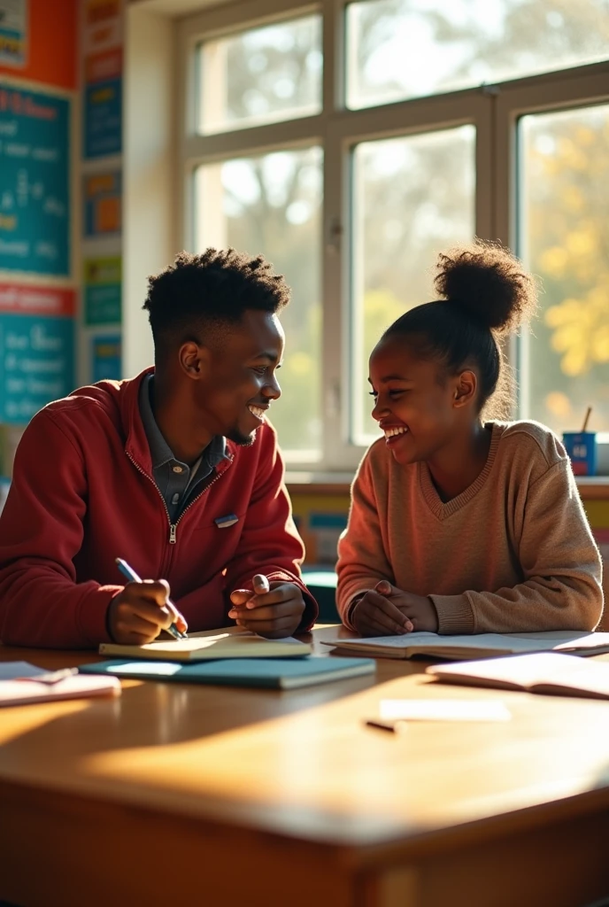 Black students learning two person in a chair and a sunshine from the window in a class room