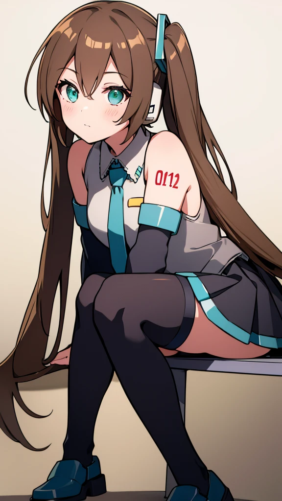 Aile_Megmanzx , 1girl, Simple background, Long hair,  Green eyes, Brown hair, Hatsune Miku Cosplay, sitting