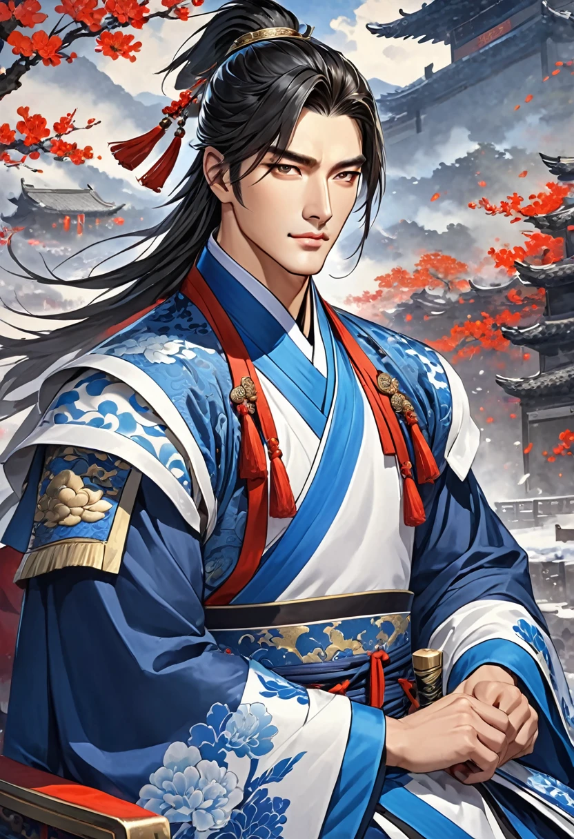 Three Kingdoms Zhou Yu, very handsome, nice guy, shave, Clothing made entirely of fabric, A combination of black, white, and blue, General